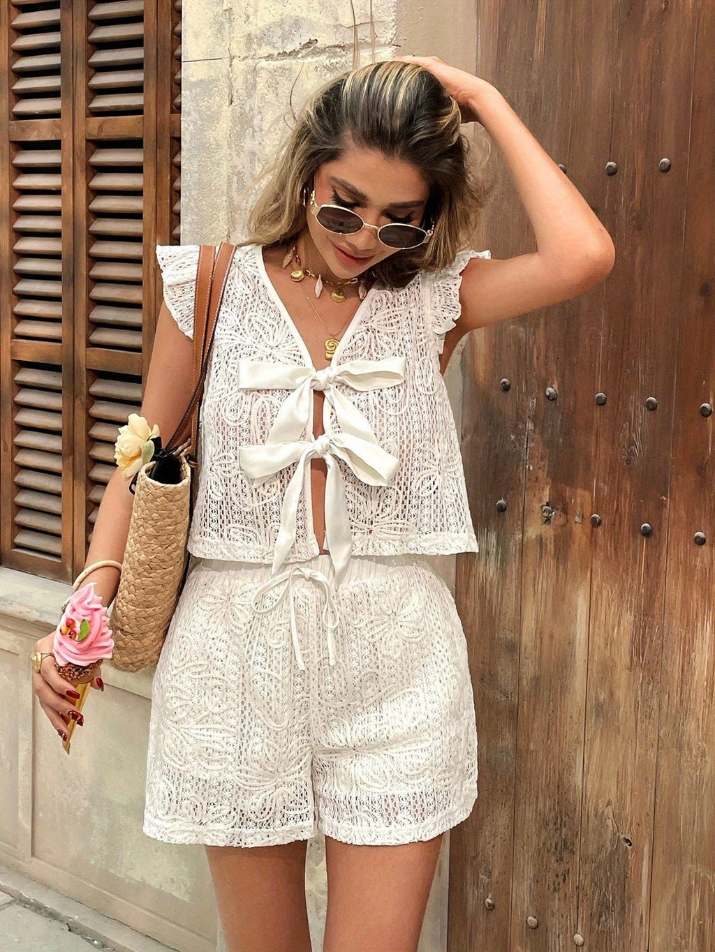 Lace Bell Sleeve Top  Shorts Set Romantic Summer Escape