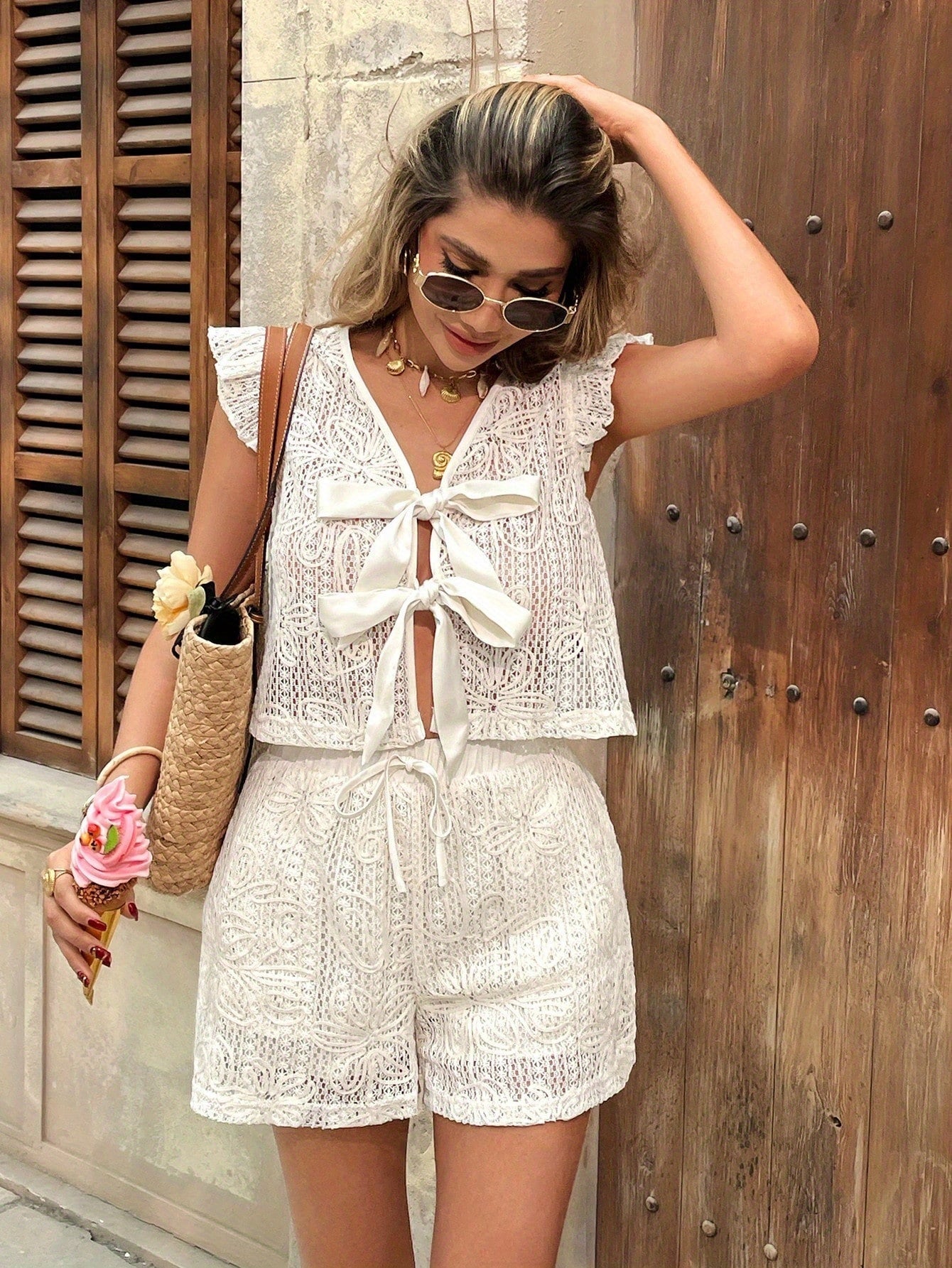 Lace Bell Sleeve Top  Shorts Set Romantic Summer Escape
