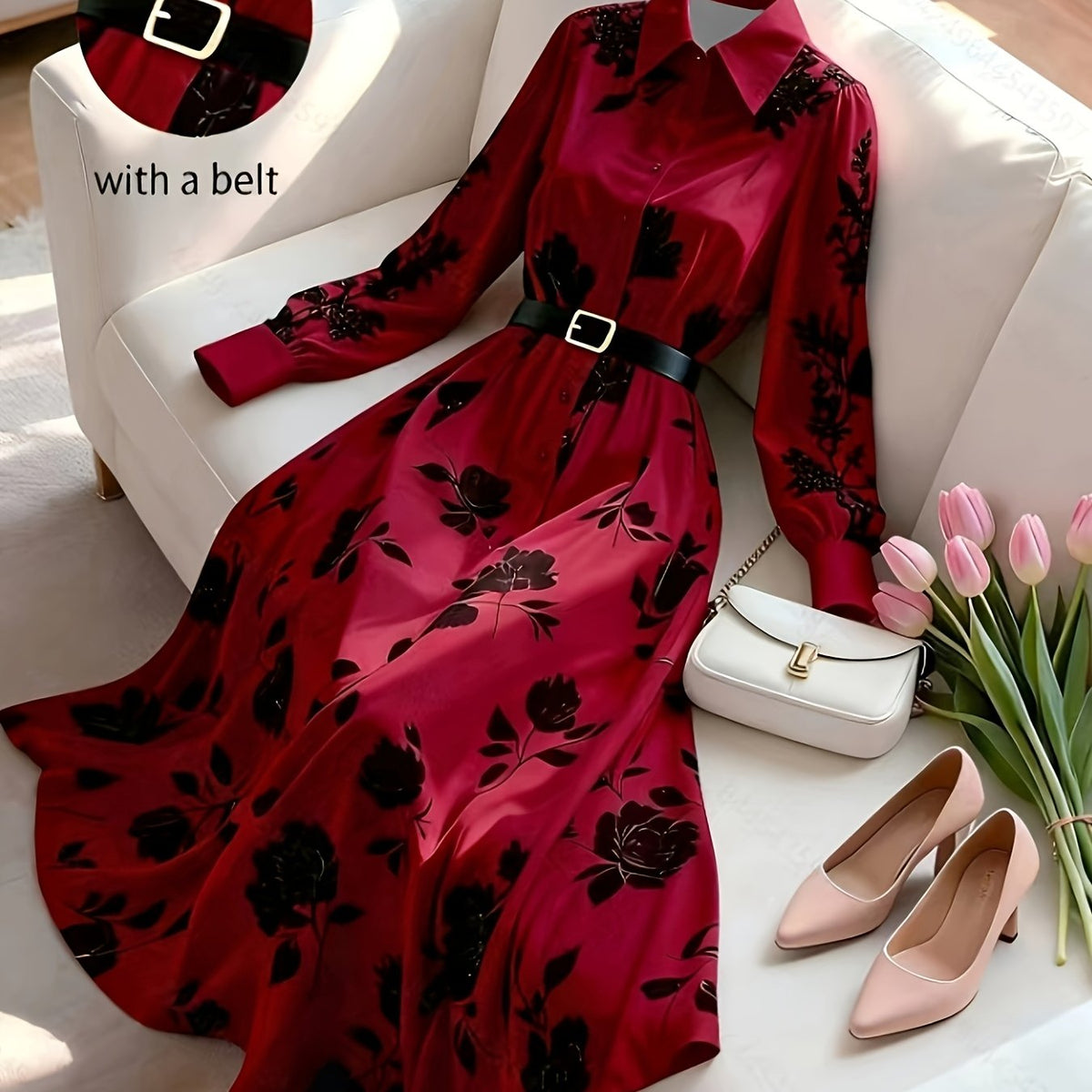 French Floral Belted Maxi Dress