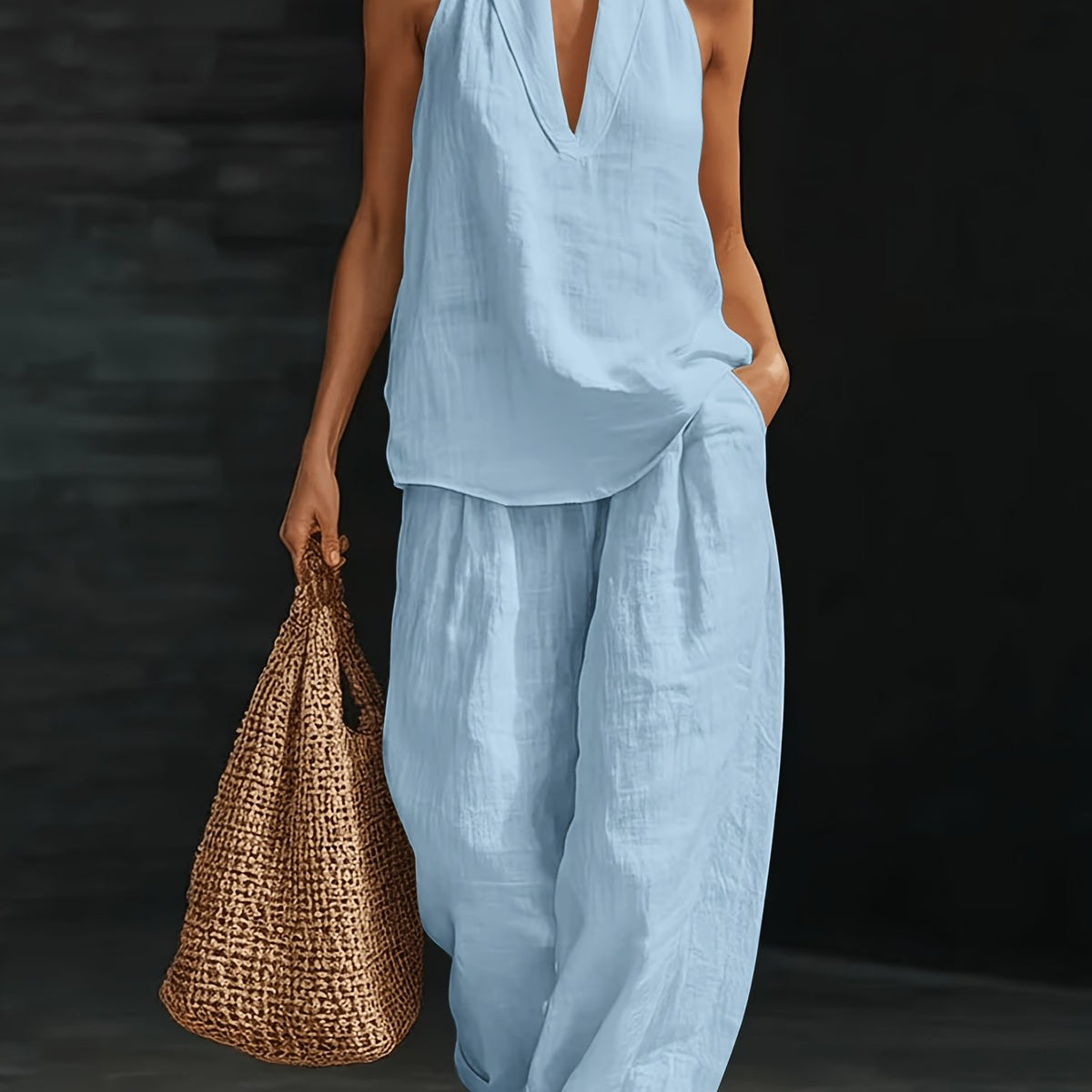 Linen Top & Wide-Leg Pants Set