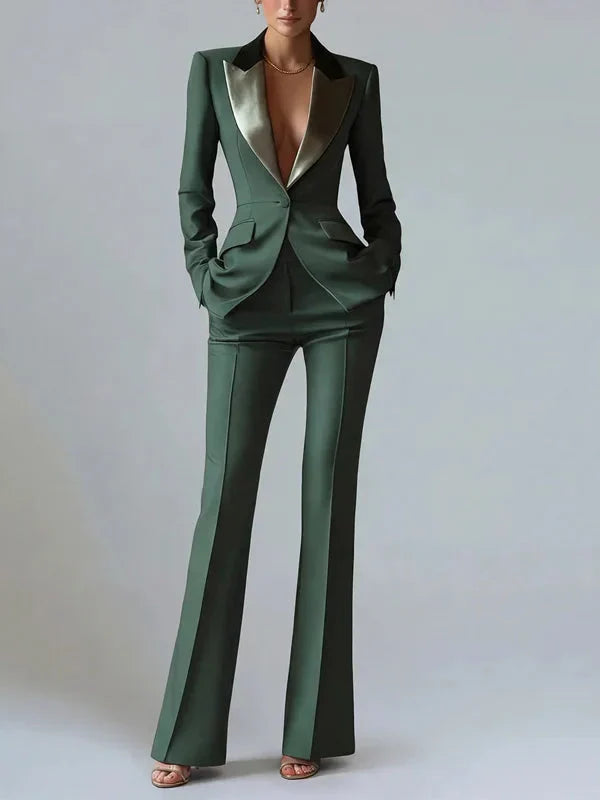 Vivienne | Satin Lapel Flared Suit Two-Piece Set