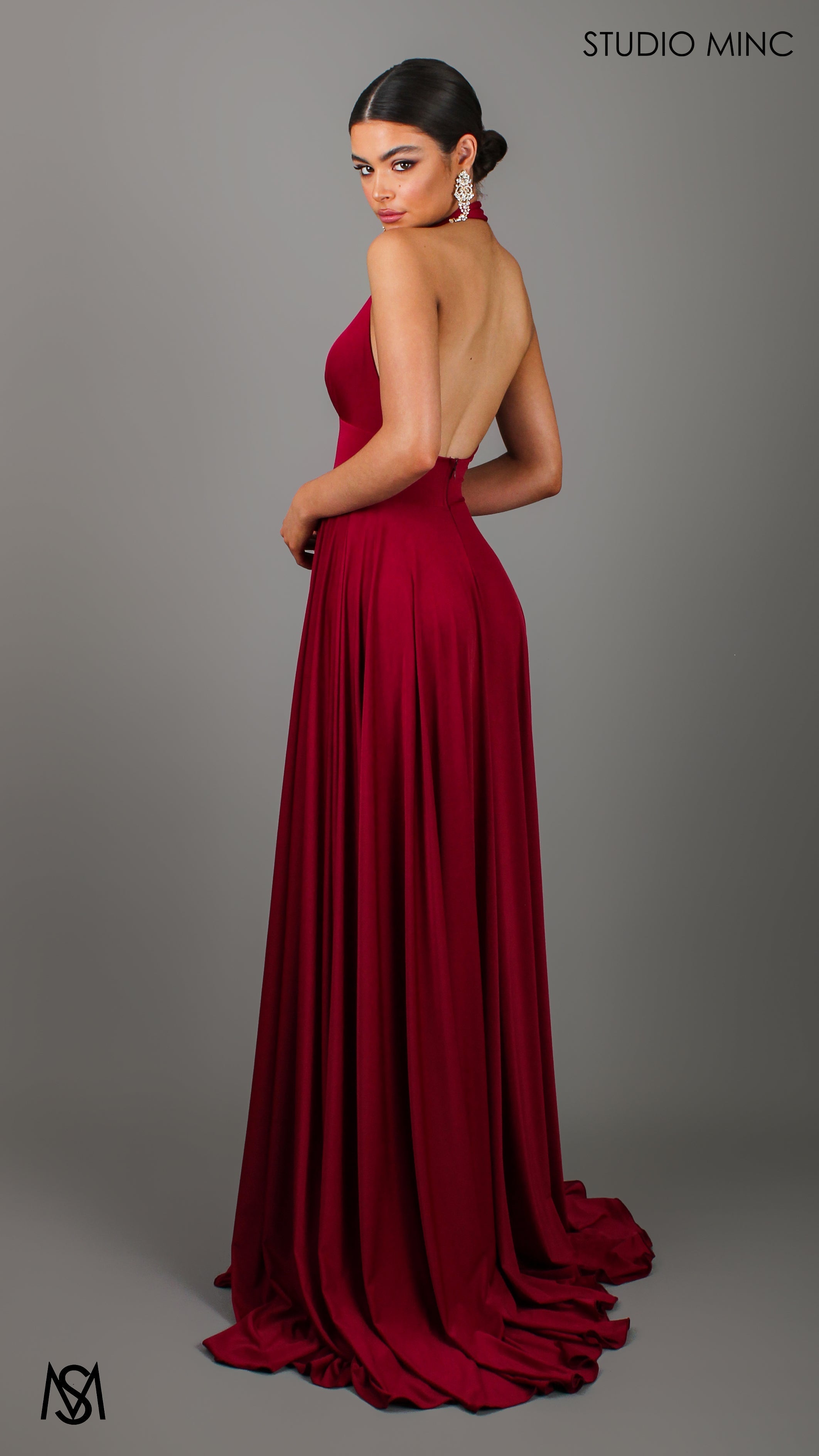 LOVE - Ruby Red Flowy Formal Dress with Plunge Neckline & Leg Split