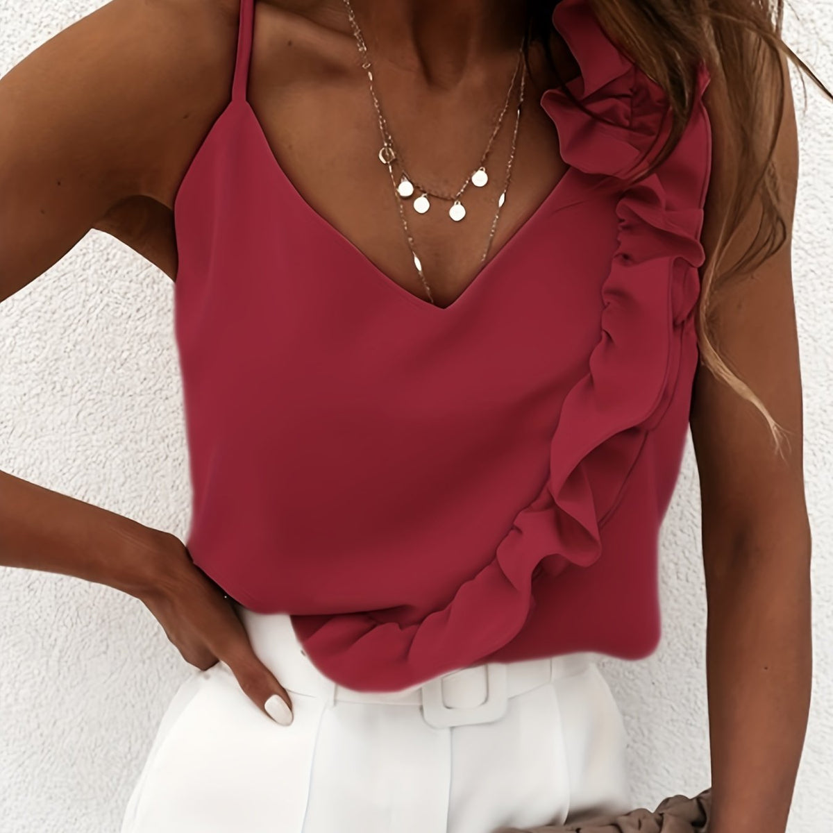Elegant Ruffle VNeck Spaghetti Strap Summer Cami Top