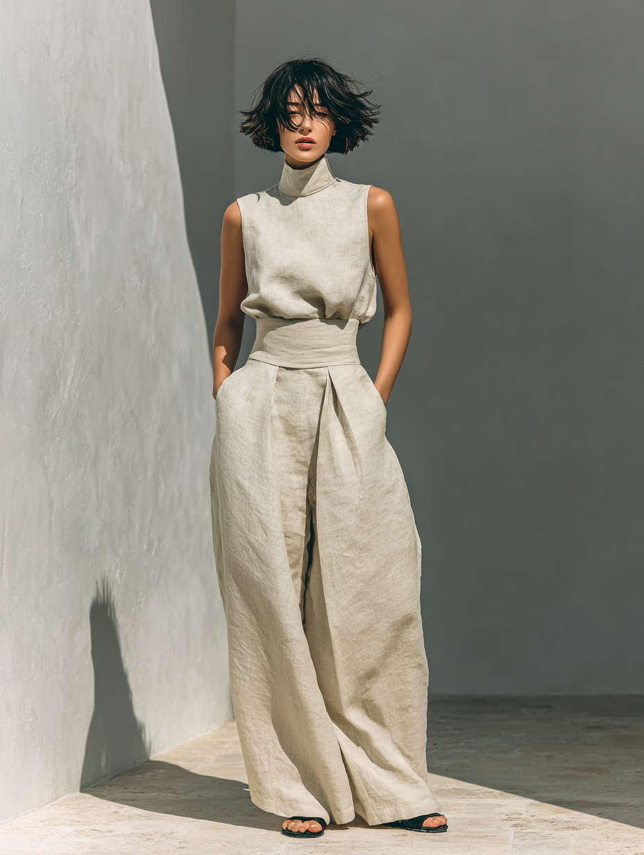 Cotton And Linen Blend Blouse And Leg Pants Set