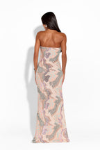 Embellished ANASTASIA maxi dress with intricate beading and flowing fabric, perfect for elegant occasions.