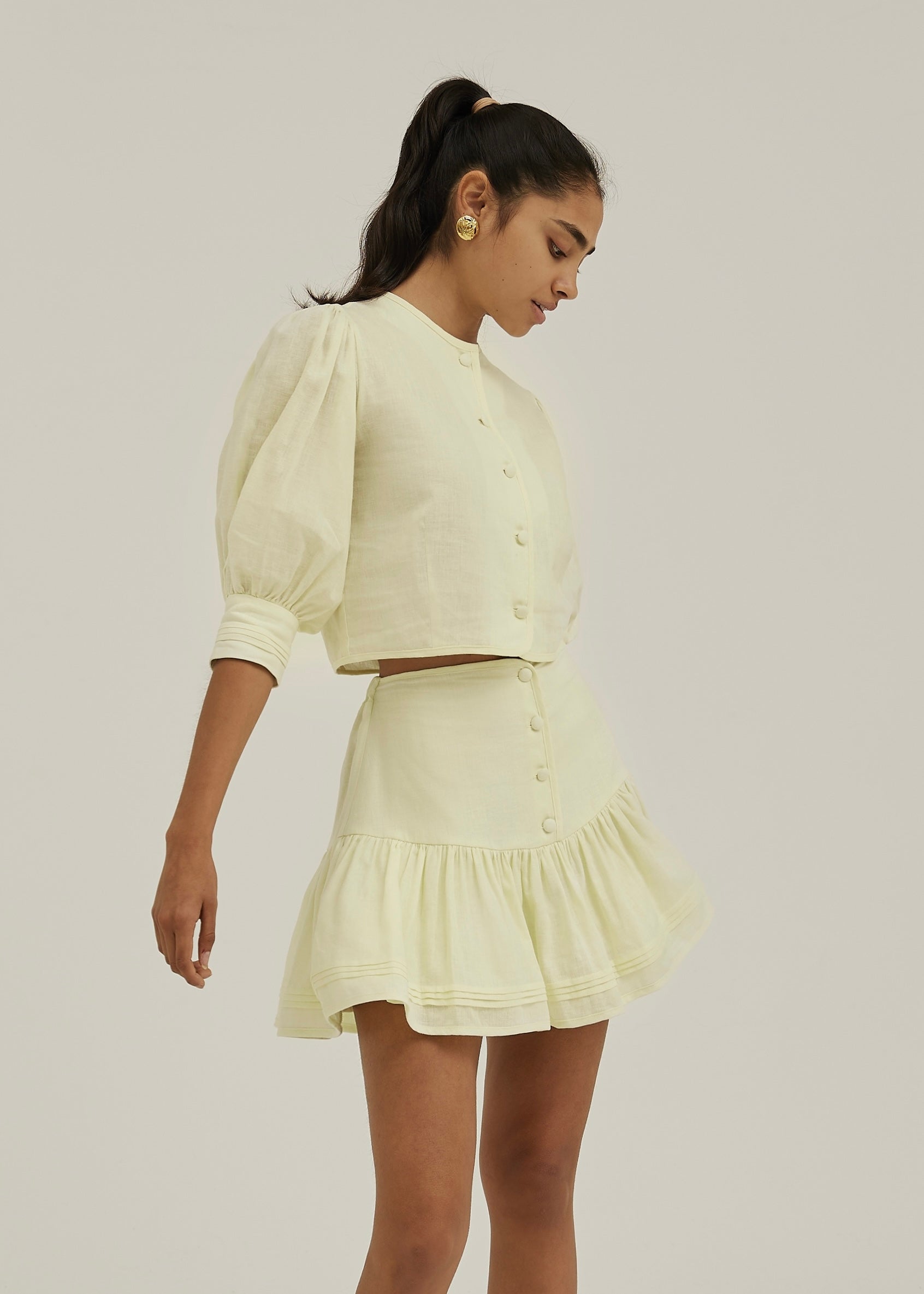 Laney Tiered Linen Frill Set | Pastel Lemon