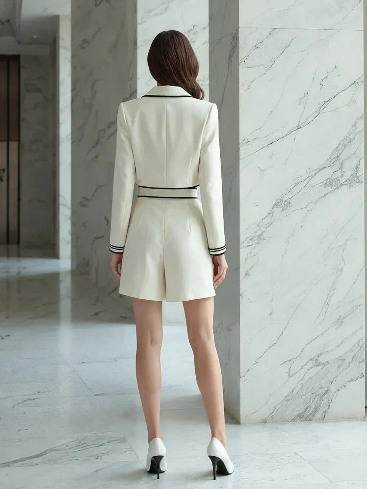 Colette | Black Piping Cropped Blazer Shorts Suit Set