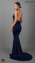 HOURGLASS - Navy Blue Fitted Formal Dress with Plunge Neckline