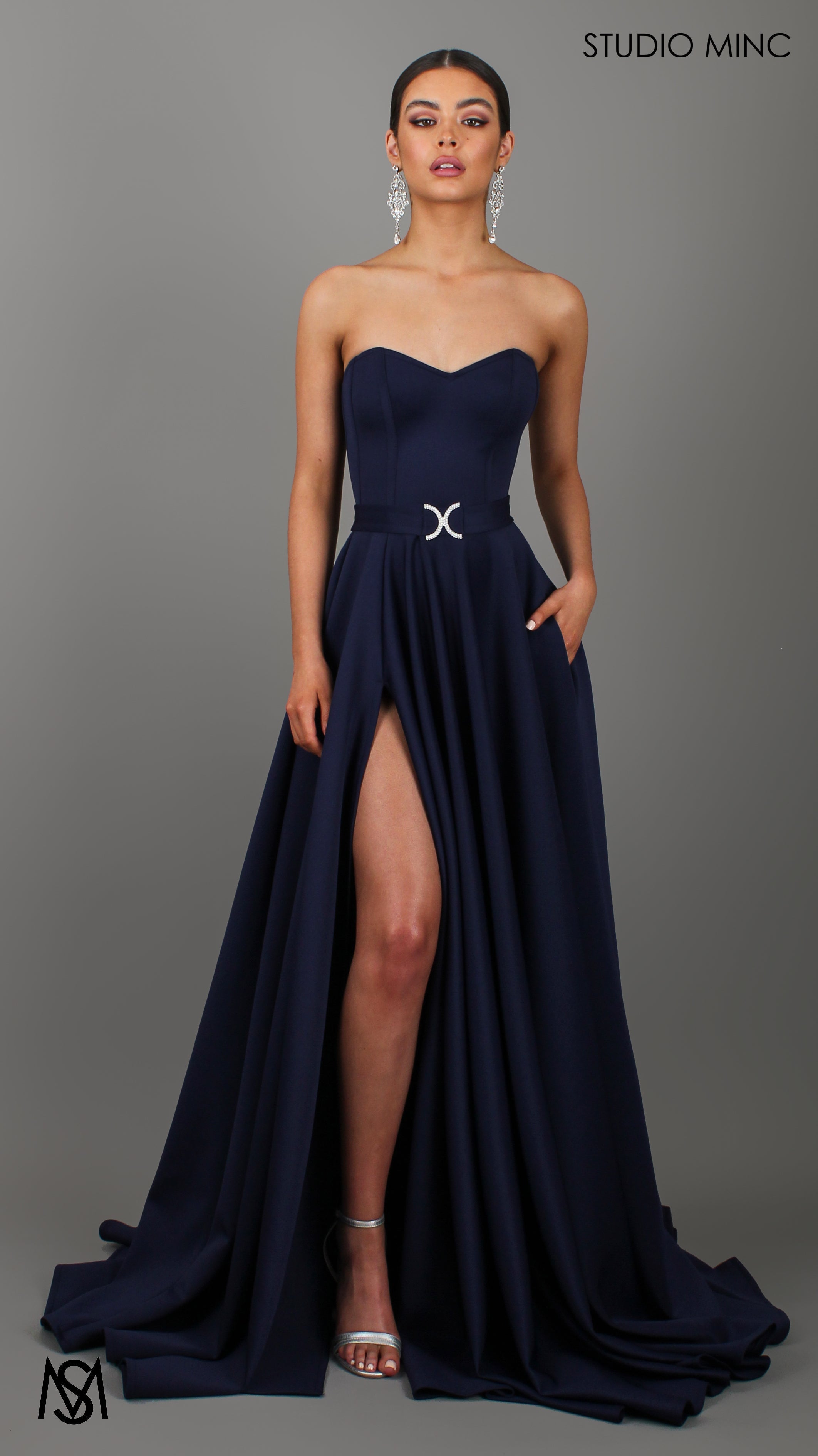 SWEETHEART - Navy Blue Strapless Formal dress with Corset & Full Circle Skirt