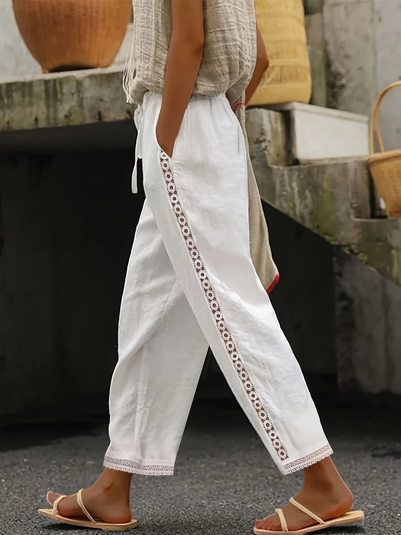 Chic Lace Patchwork Solid Ankle Pants