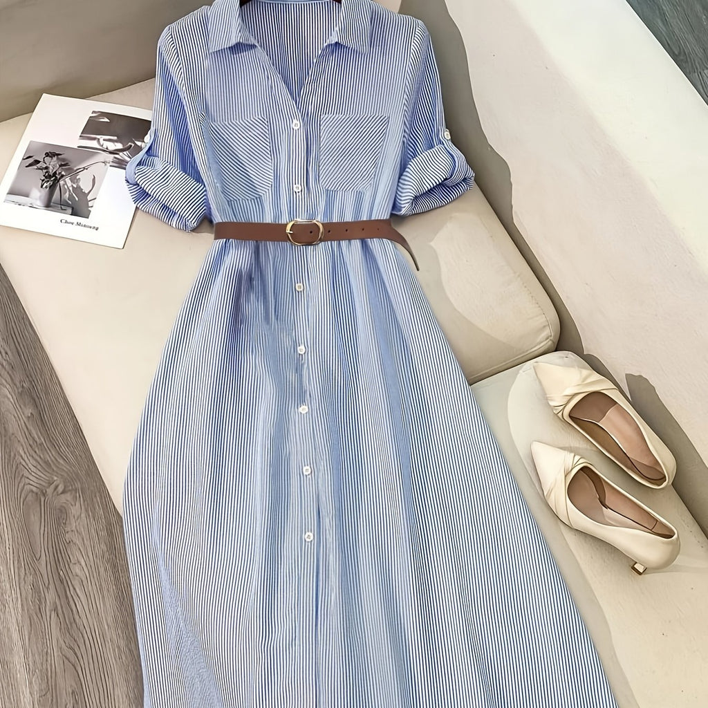 Striped belted shirt dress from 64b136-1e featuring a classic collar, long sleeves, and a waist belt for a stylish fit.