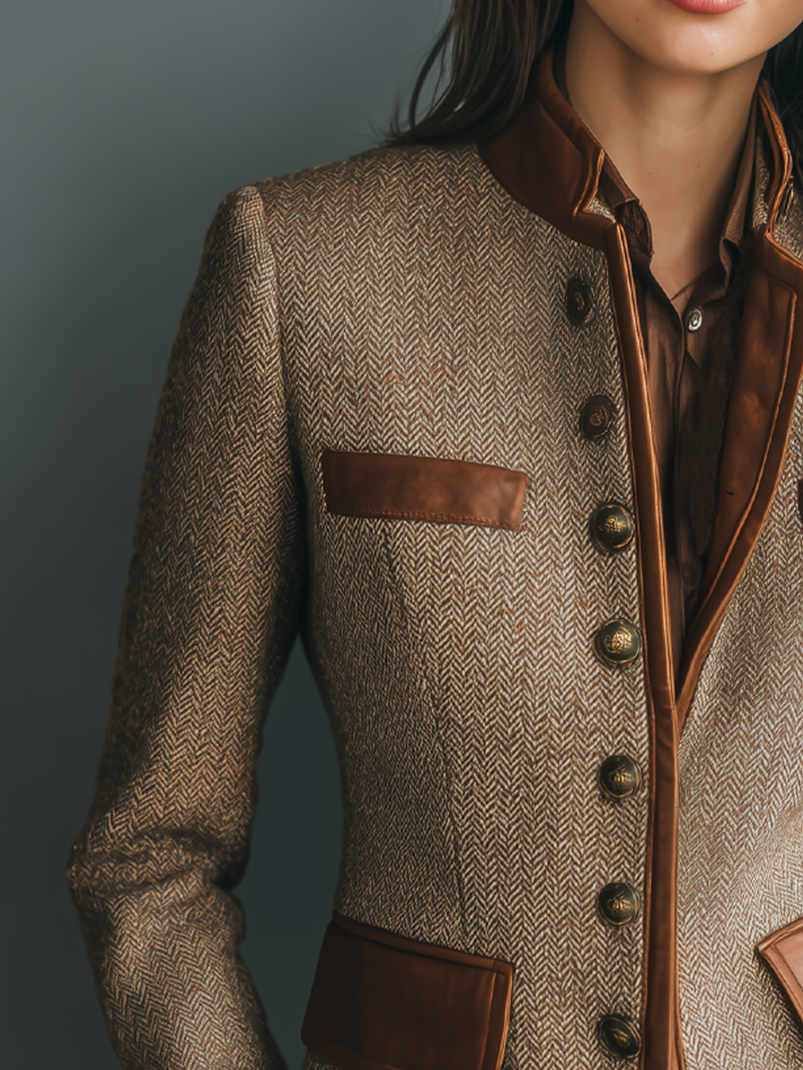 Vintage Leather Trim Pocket Tweed Jacket