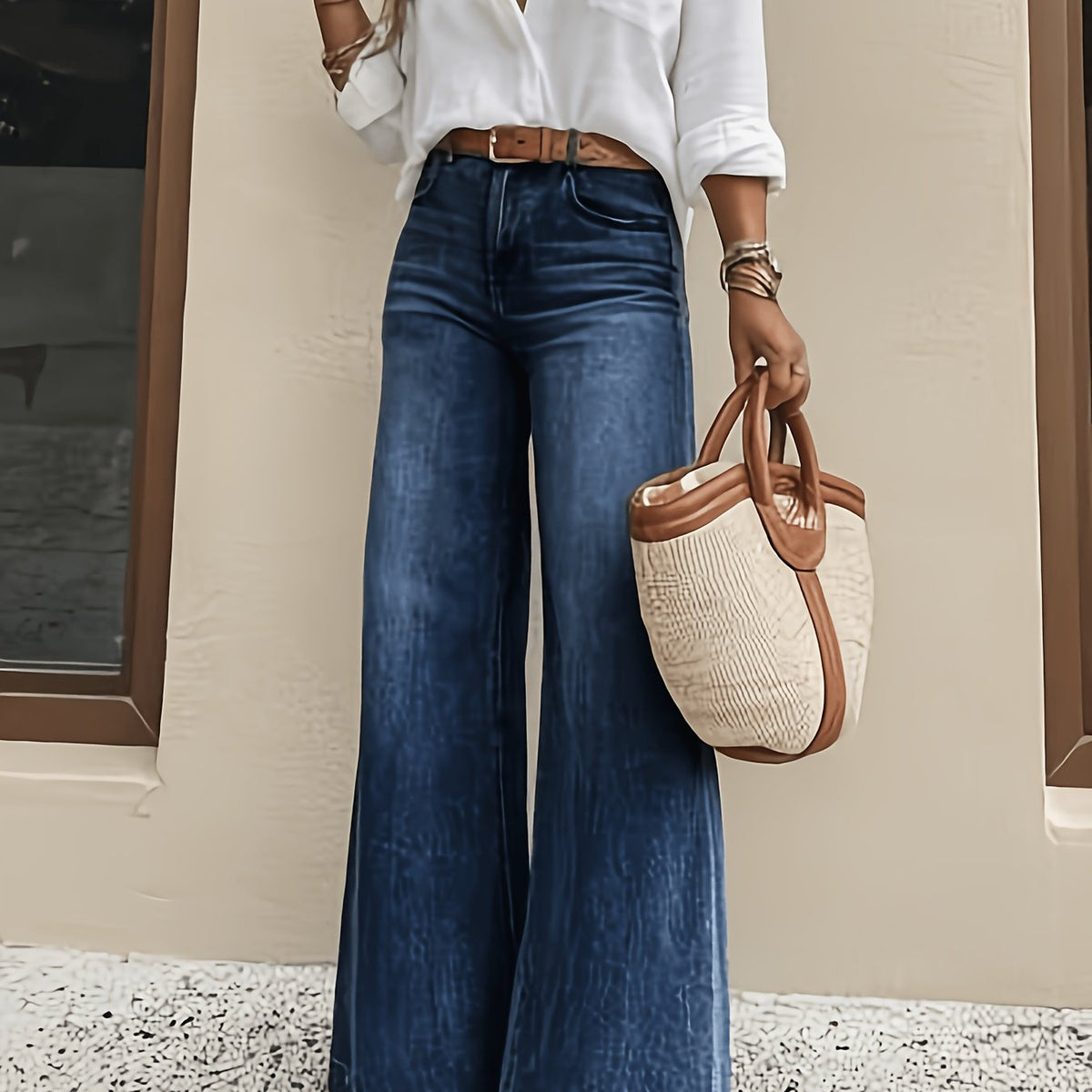 Wide-Cuff Stretch Denim Jeans