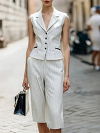 Parisienne | Pinstripe Lapel Vest Cropped Wide-Leg Set