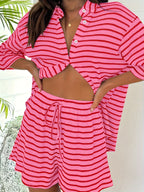 Chic striped button-up shirt and shorts loungewear set by 64b136-1e, featuring a relaxed fit and stylish casual design.