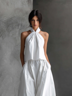 Women's Casual White Cotton And Linen Halter-neck Sleeveless Top And Skirt Set MDZ1269A6AN