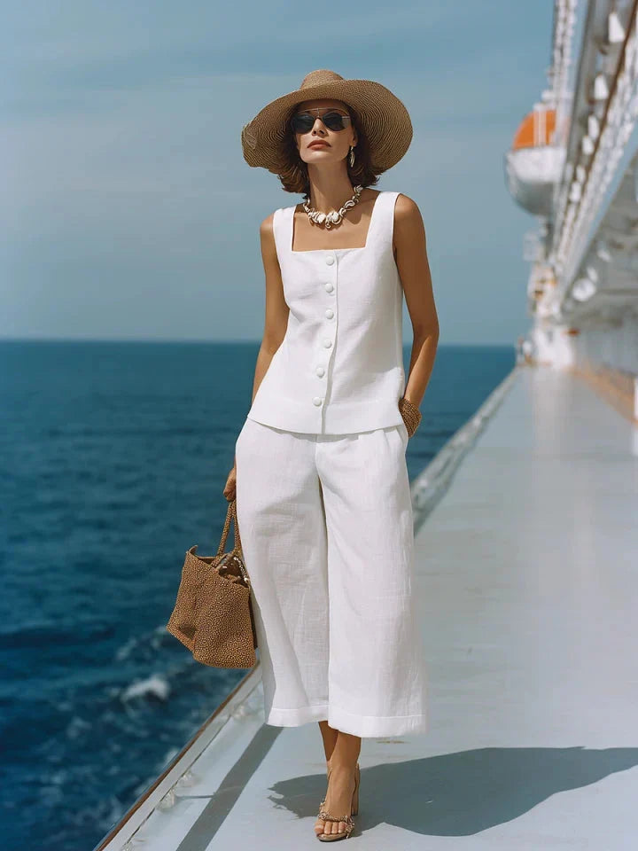 Sophia | Linen Square-Neck Top Capri Pants Set