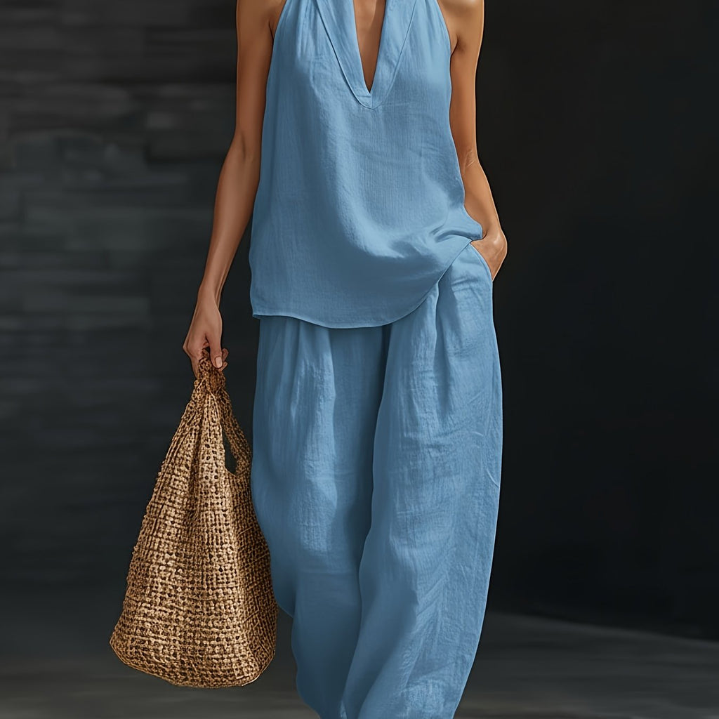Linen top and wide-leg pants set from 64b136-1e, featuring a relaxed fit and natural fabric in a stylish, coordinated design.