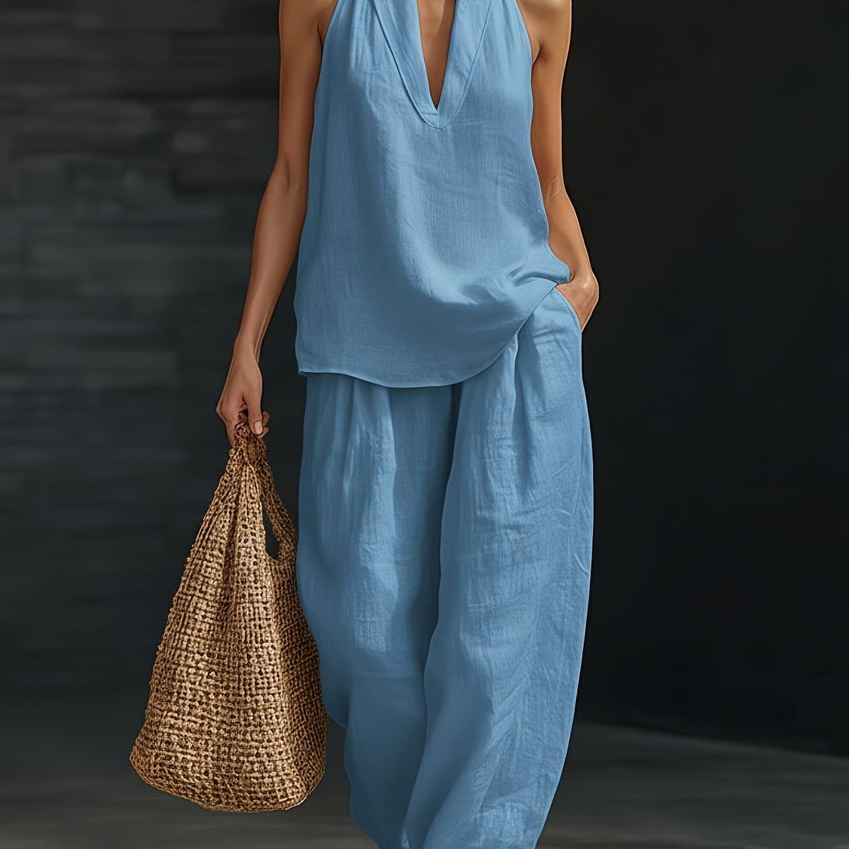 Linen Top & Wide-Leg Pants Set