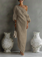 Women's Ivory White Cotton-Linen Blend One-Shoulder Flowing Elegant Dress MDA3032K4T