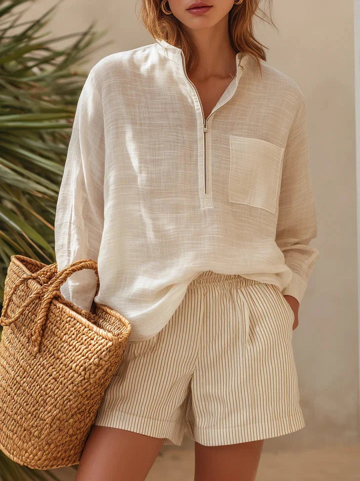 Brielle | Sheer Linen Shirt Striped Shorts Set