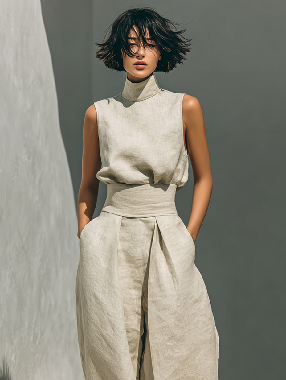 Cotton And Linen Blend Blouse And Leg Pants Set
