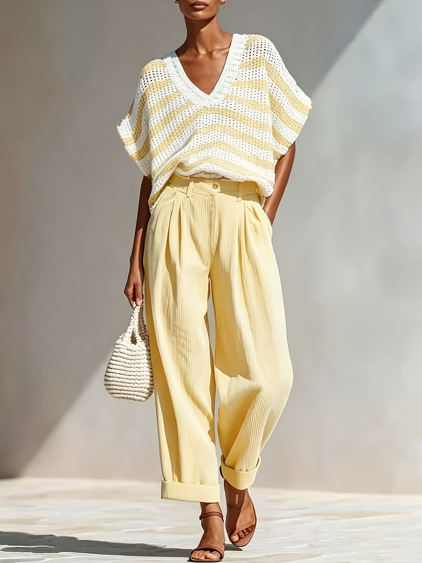 Chic Blue Stripe Mesh VNeck Summer CoverUp Blouse