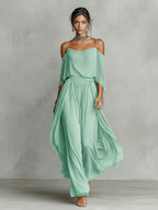 Women's Grey Breathable Chiffon Set With Cold-Shoulder Detail & Flared Silhouette, Contemporary Luxury-Feminine Style Set MDZ2651B6I