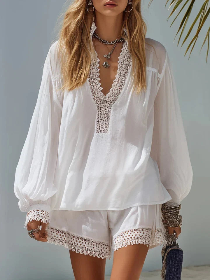 Celeste | Lace Trim Chiffon Top Shorts Set