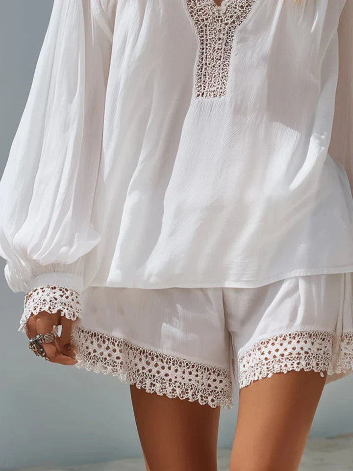Celeste | Lace Trim Chiffon Top Shorts Set
