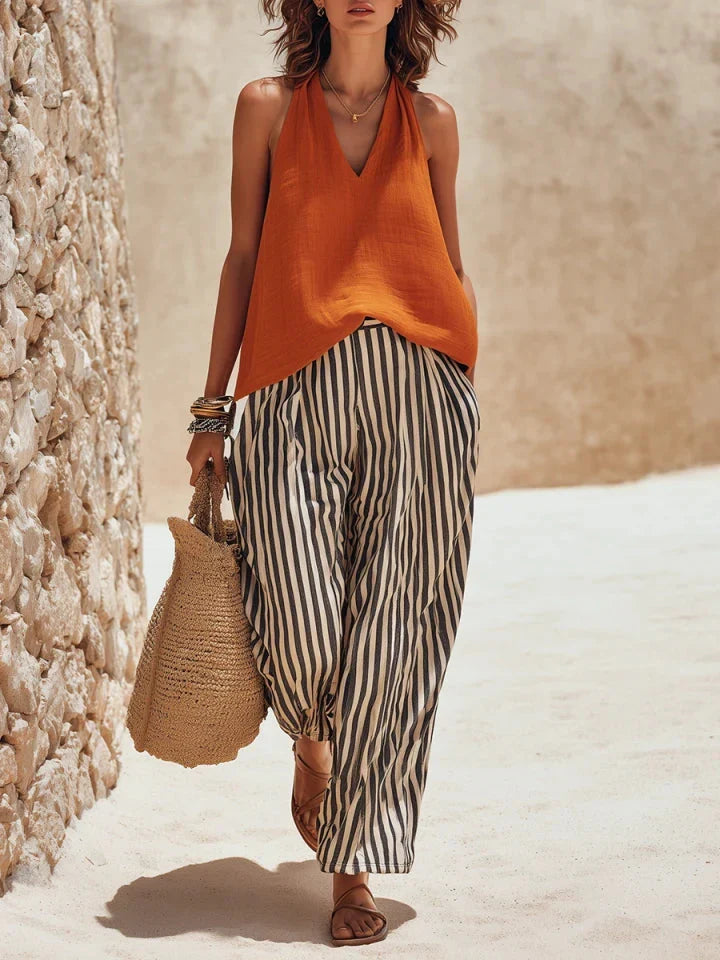 Seville | Orange Top Striped Wide-Leg Pants Set