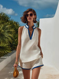 Pippa | Blue Piping Linen Top Shorts Set