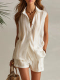 Nautica | Striped Chiffon Collared Top Shorts Set