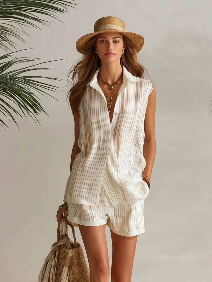 Nautica | Striped Chiffon Collared Top Shorts Set