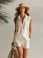 Nautica | Striped Chiffon Collared Top Shorts Set