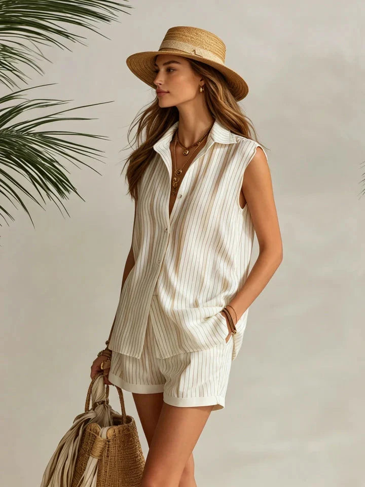 Nautica | Striped Chiffon Collared Top Shorts Set