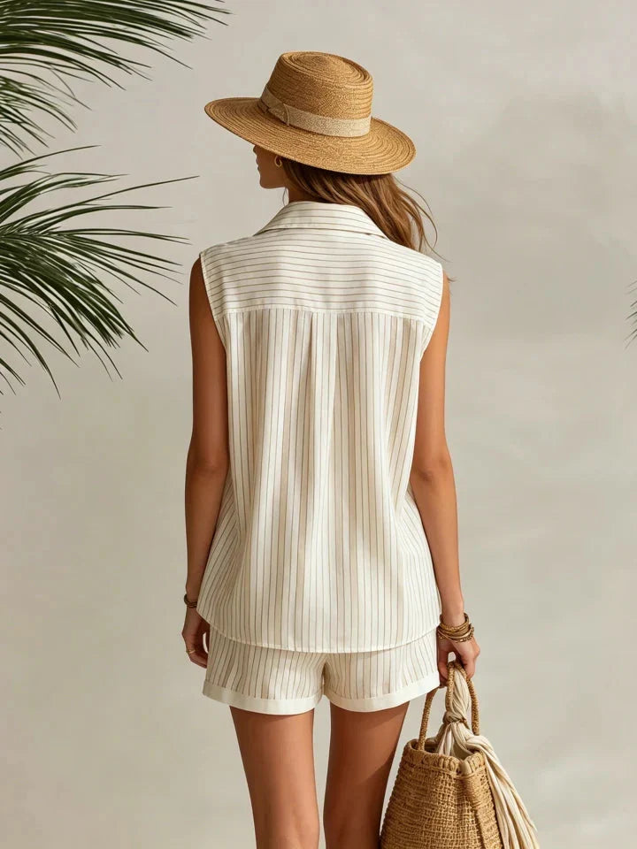 Nautica | Striped Chiffon Collared Top Shorts Set
