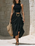 Noire | Ribbed Crop Top Gold Ring Draped Skirt Set