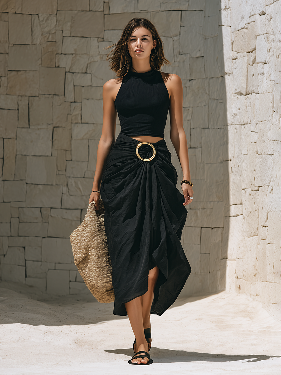 Noire | Ribbed Crop Top Gold Ring Draped Skirt Set