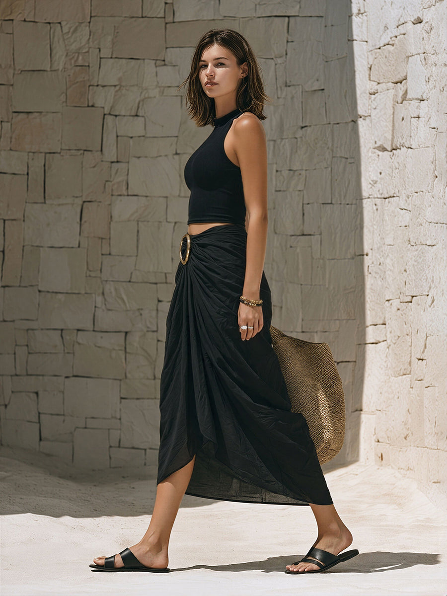 Noire | Ribbed Crop Top Gold Ring Draped Skirt Set