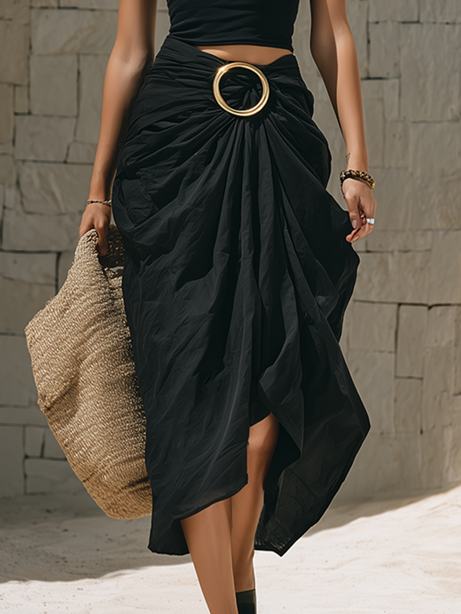 Noire | Ribbed Crop Top Gold Ring Draped Skirt Set