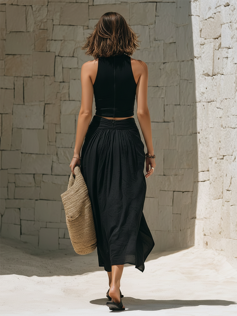 Noire | Ribbed Crop Top Gold Ring Draped Skirt Set