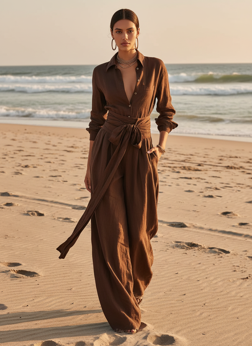 Roberta | Linen Shirt Collar Jumpsuit with Belt
