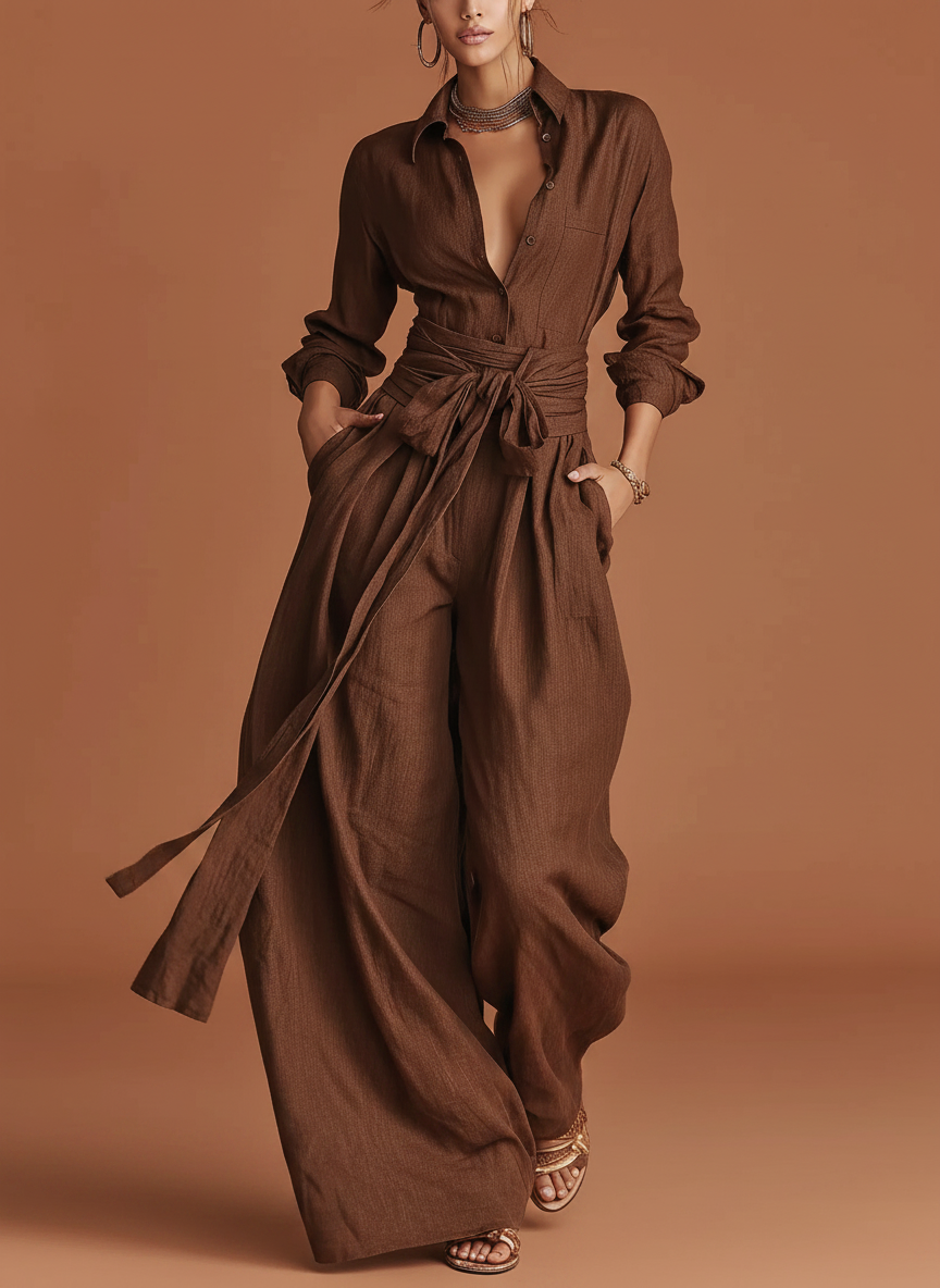 Roberta | Linen Shirt Collar Jumpsuit with Belt
