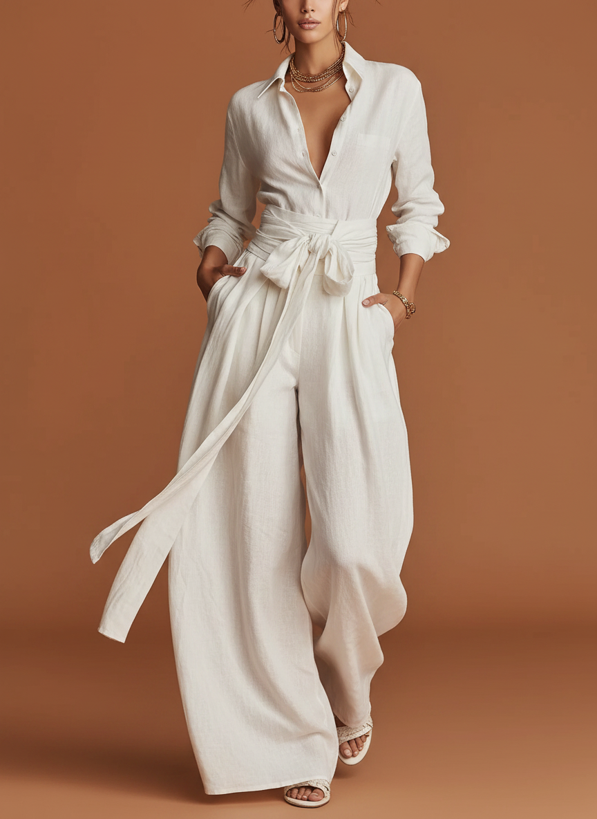 Roberta | Linen Shirt Collar Jumpsuit with Belt
