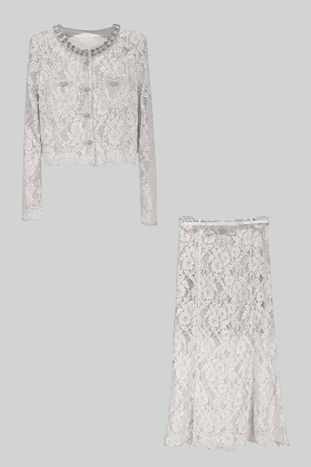 Lace Co-Ord With Sparkling Neckline Embellishments And Midi Skirt - White