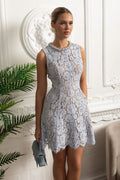 Sleeveless Lace Mini Dress with Scalloped Hem - Blue