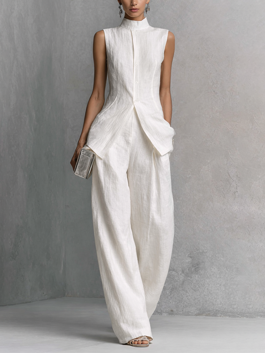 Elegant Cotton Linen Sleeveless Top and  Pants Set