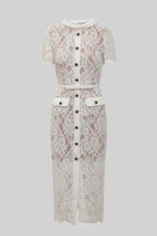 Elegant Short Sleeve Lace Dress With Matching Waist Belt - White