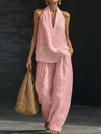 Linen top and wide-leg pants set by 64b136-1e featuring a relaxed fit, lightweight linen fabric, and stylish design.